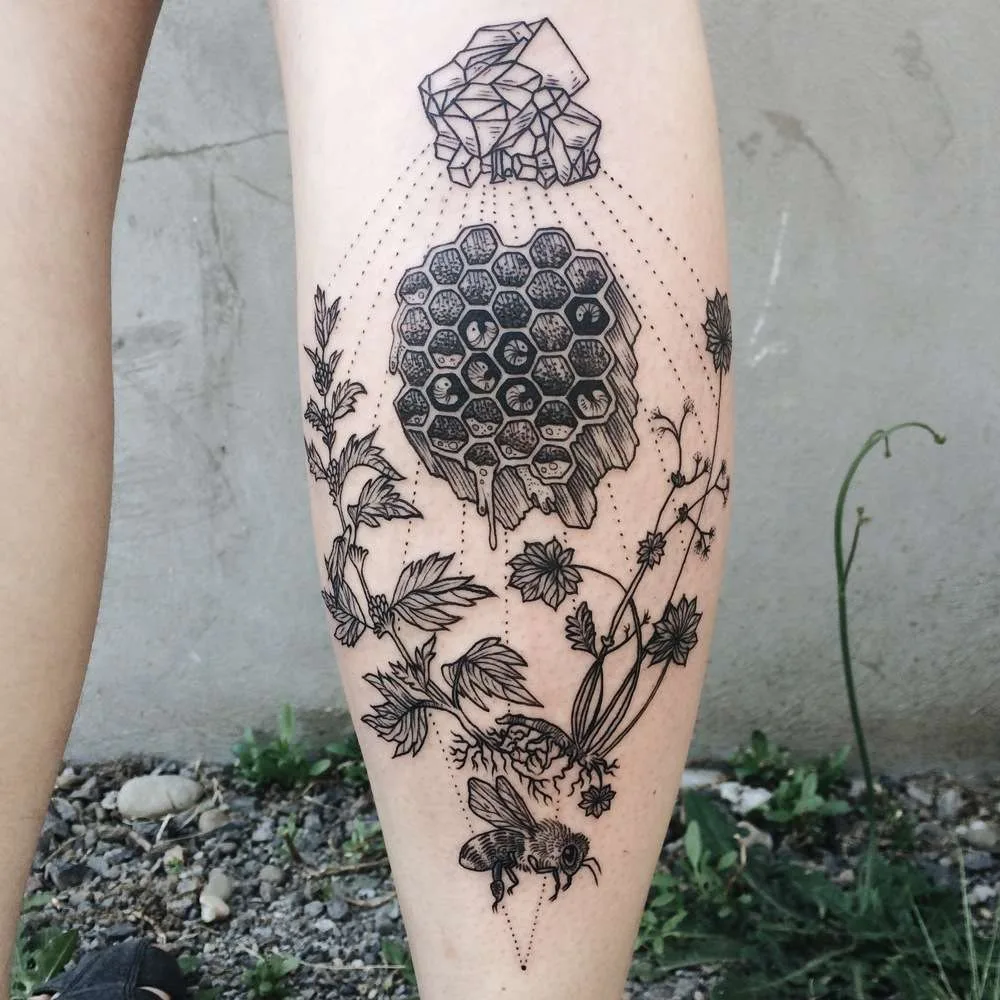Tattoo artist Pony Reinhardt black dotwork and linework tattoo